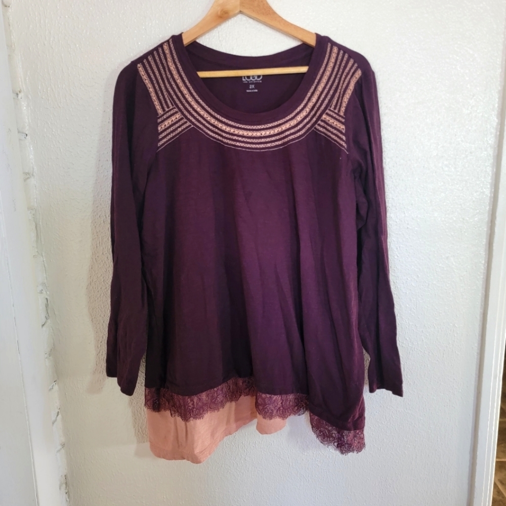 Logo By Lori Goldstein Embroidered Lace Accent Tunic Sz 2x Pink Burgundy Purple